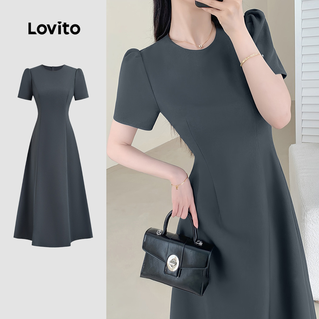 Lovito Elegant Dress Draped Commute Texture Spring/summer Grey Dress for Women L144AD090 Lovito Gaun Elegan Berpeluk Tekstur Perpindahan Musim Bungkus Musim Bawar Kelabu L144AD090