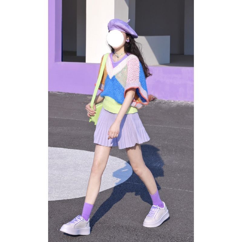 Two-piece Suit/Single-Piece Japanese Sweet Rainbow Color-Blocking Sweater+Small Short Pleated Half-Length Skirt Suit Women