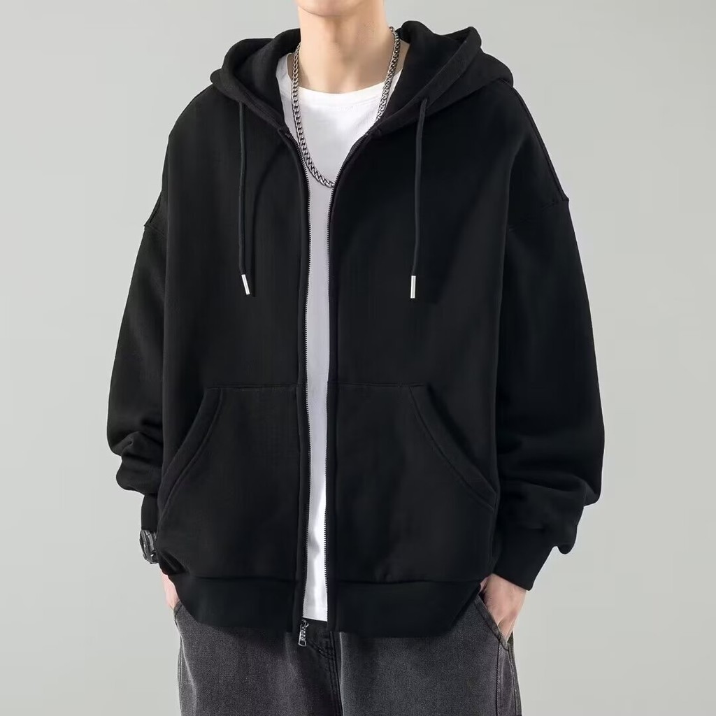 【High-quality M-5XL Jacket】New Autumn Korean version Men's Solid color Unisex Long Sleeve Jacket Fashion Brand Heavyweight Casual Sports Thick Velvet Zipper Hooded Jacket