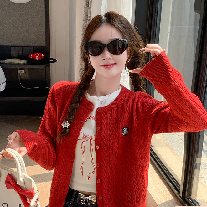 Slimmer Look Round Neck Knitted Cardigan Women New Style Temperament Western Style Red Sweater