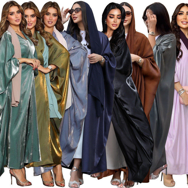 Muslim Fashionable Bright Silk Solid Color.Zd Satin modest Plus Size Doll Sleeve Robe Women's Clothing