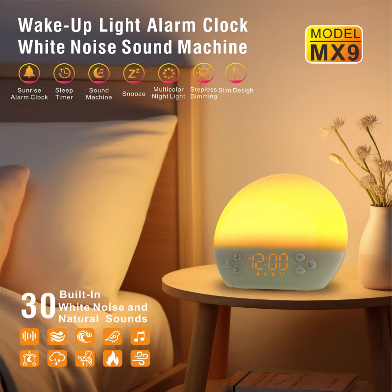 Sunrise Alarm Clock with White Noise Machine - 9 Color Light Therapy, Natural Sounds for Gentle Wake-Up and Deep Sleep