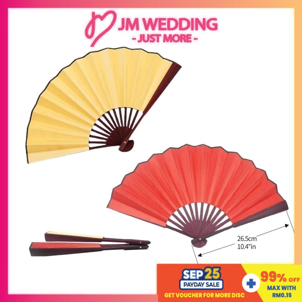 26.5cm Large Chinese Traditional Nylon-Cloth Folding Hand Fan Kipas tangan Asian Theme Bamboo Kayu