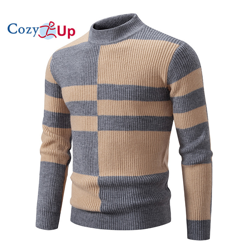 Cozy Up Mens Vintage Stripes Pullover Stand Collar Mockneck Jumper Sweater