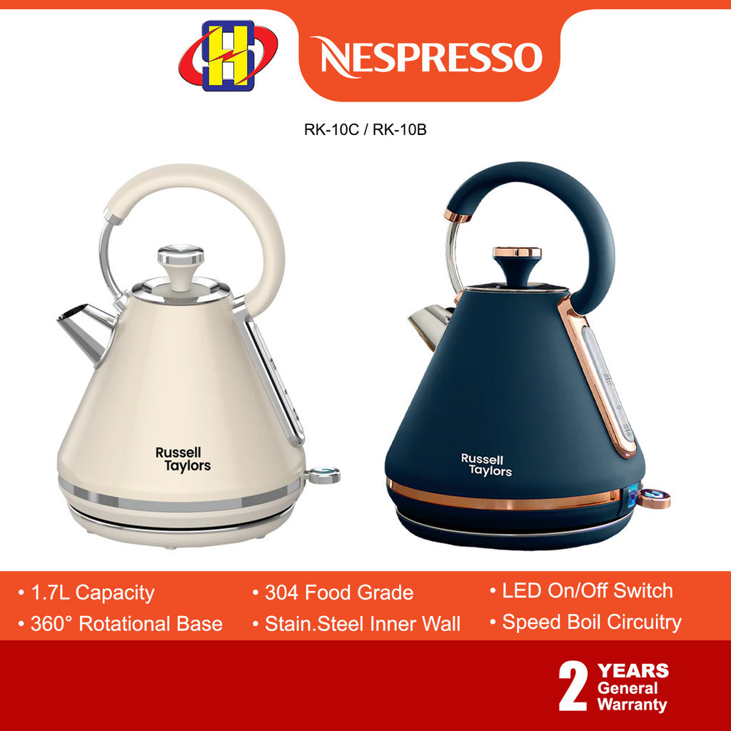 Russell Taylors Retro Kettle (1.7L) Cool Touch Handle Rapid Boiling 360° Swivel Base RK-10C / RK-10B