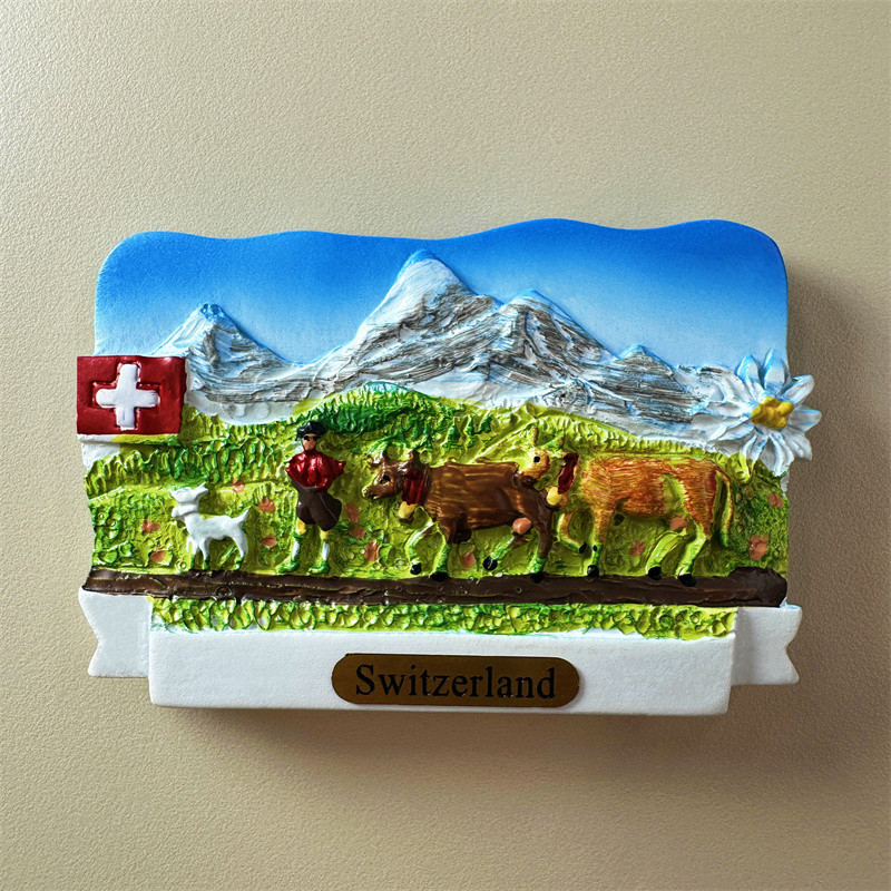 9.25#Swiss Tourist Souvenir Alpine Landscape Hand Painting Decorative Magnet Refridgerator Magnets Collection Gift