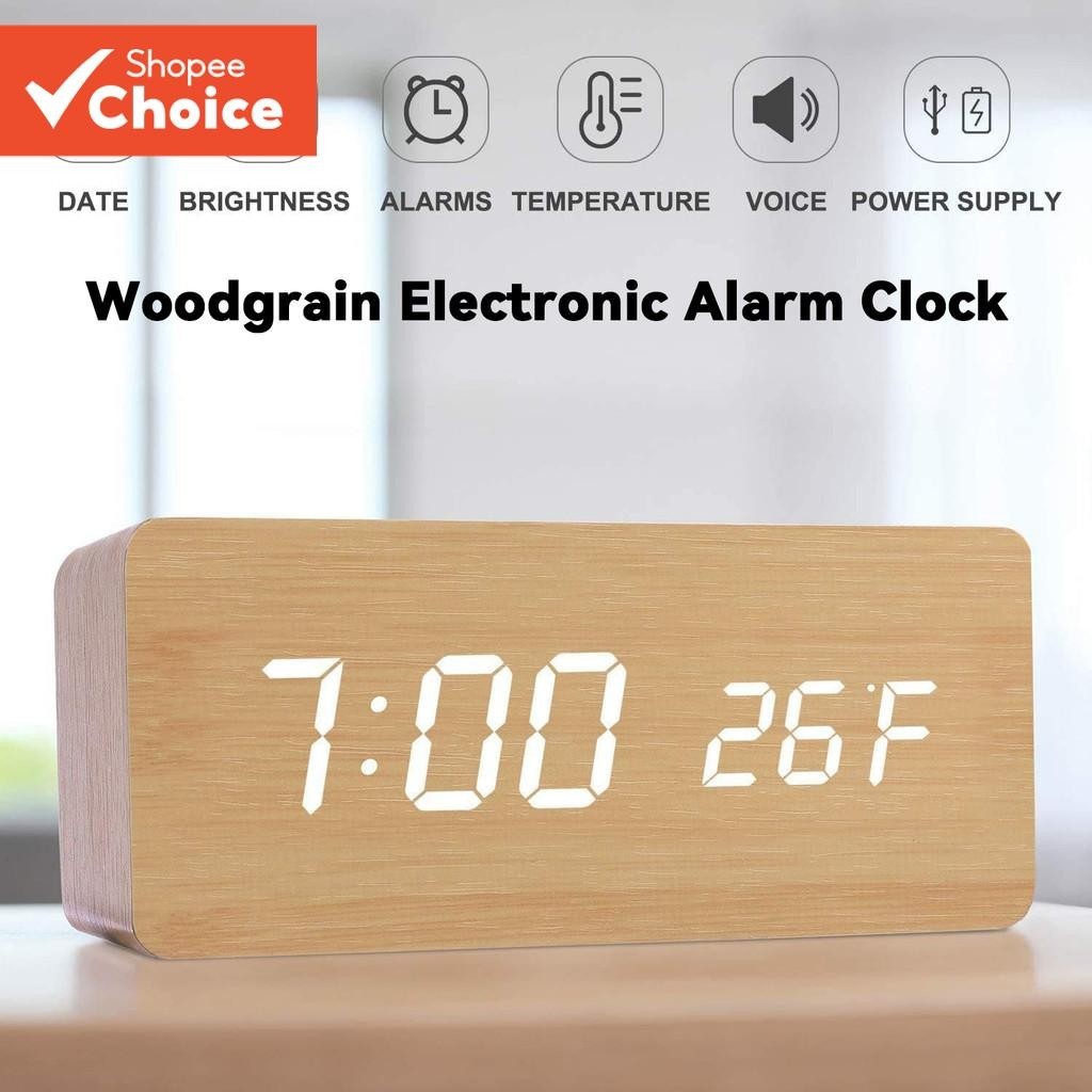 Digital wooden smart voice control alarm clock USB plug-in bedside clock room decor with calendar thermometer clock bell desk clock