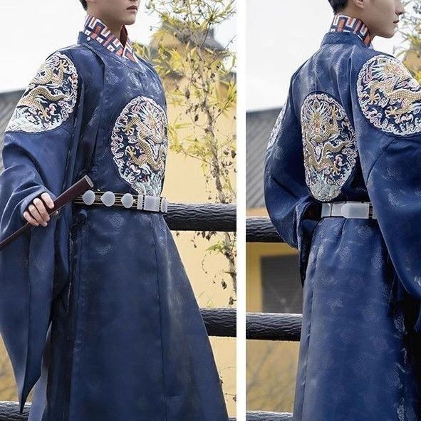 Hanfu Men's Ming Dynasty Dragon Print Round Neck Robe, Red Blue, Traditional Wedding Attire