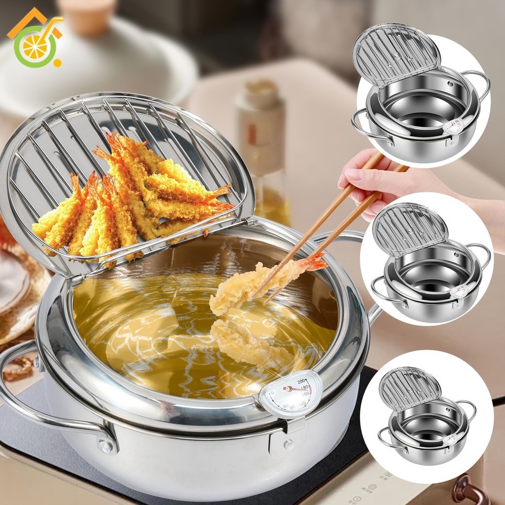 Deep Fryer Pot with Strainer Basket and Thermometer Stainless Steel Deep Frying Pot with Handle 3 Sizes Oil Mini Fryer Dishwasher Safe Deep Frying Oil Container SHOPSKC1222