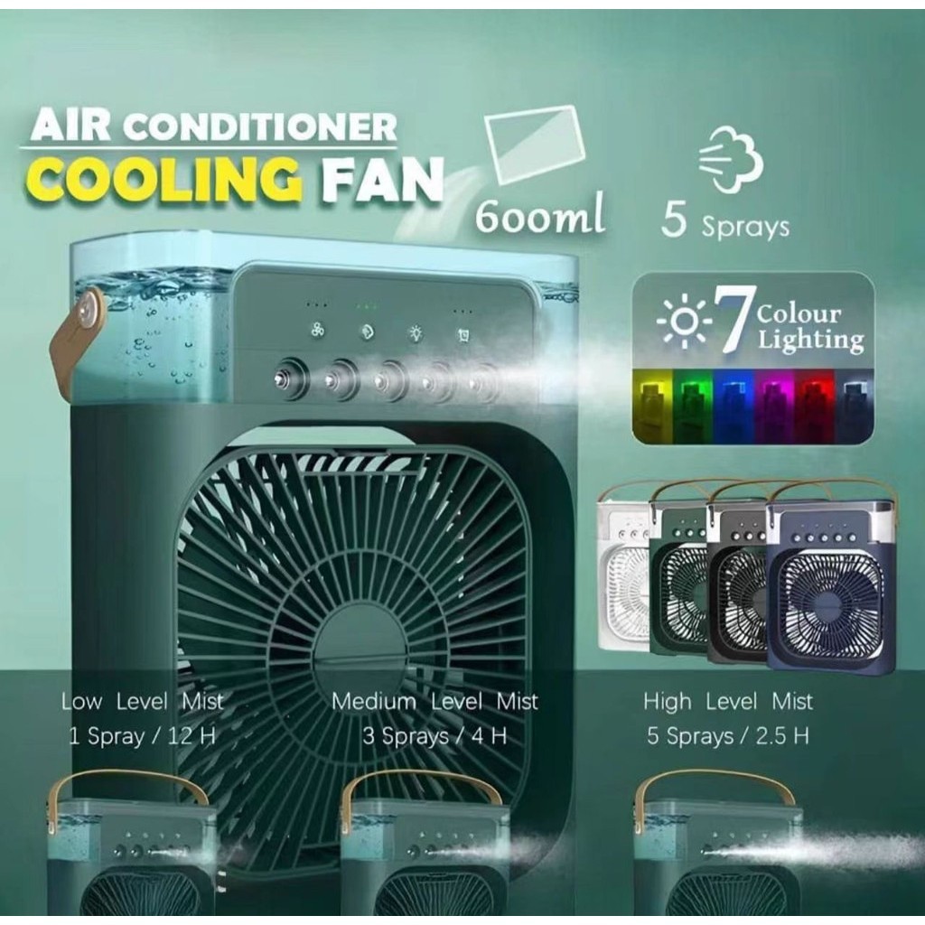 B.S.B Air Conditioner Cooling Fan With 5 Sprays 7 Color Light Portable Fan Air Cooler Kipas Mini Fan Air Humidifier