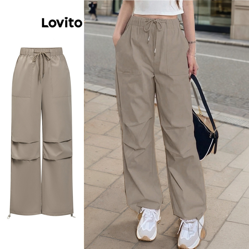 Lovito Casual Plain Pleated Pants for Women L87ED258 (Multi-color) Lovito Celana Lipat Polos Santai untuk Wanita L87ED258