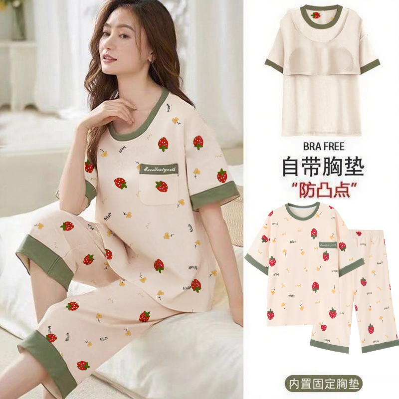 Pajamas Set - Hello Kitty Print, Summer Short Sleeve Crop Pant with Chest Pads, Plus Size Loose Fit Lounge Wear