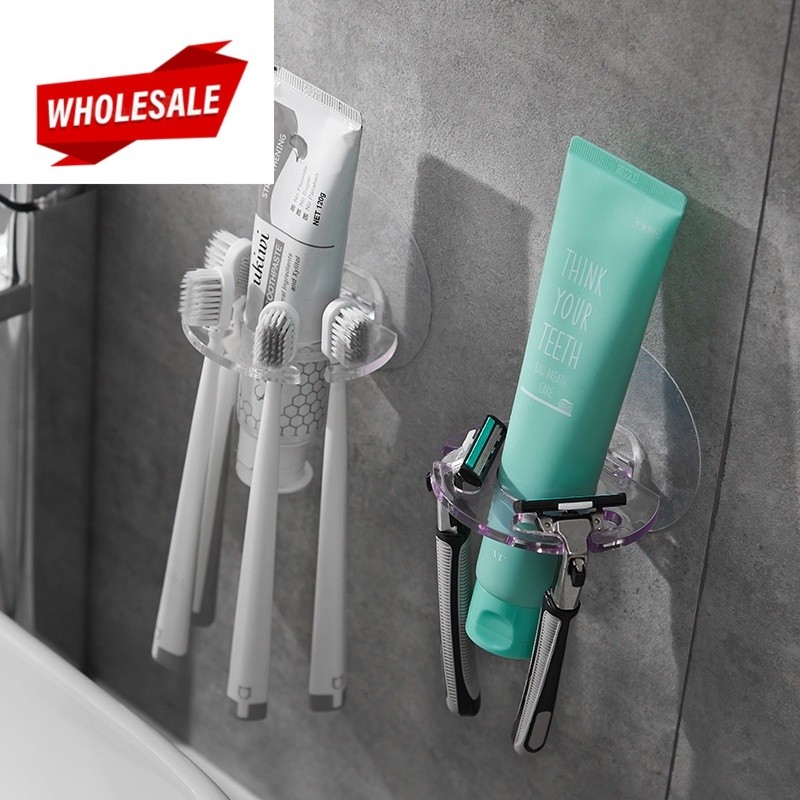 (BC) Multifunctional Wall Mounted Space-Saving Toothbrush & Toothpaste Holder / No Punching Anti-Foaming Water Storage T