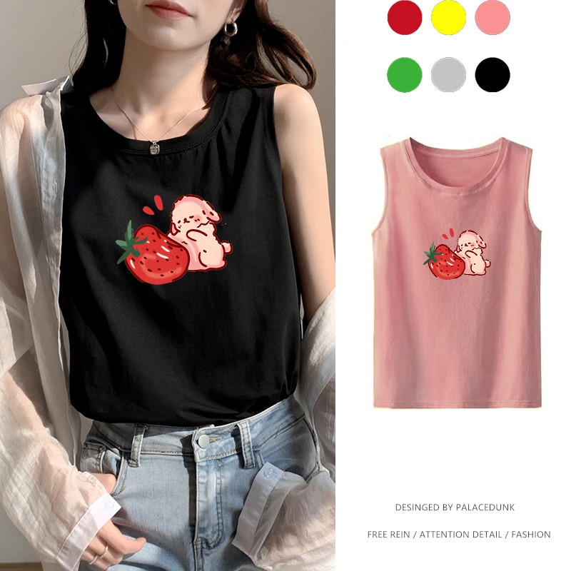 Rabbit and Strawberry Cotton tee women summer new sleeveless t-shirt loose printing casual tops