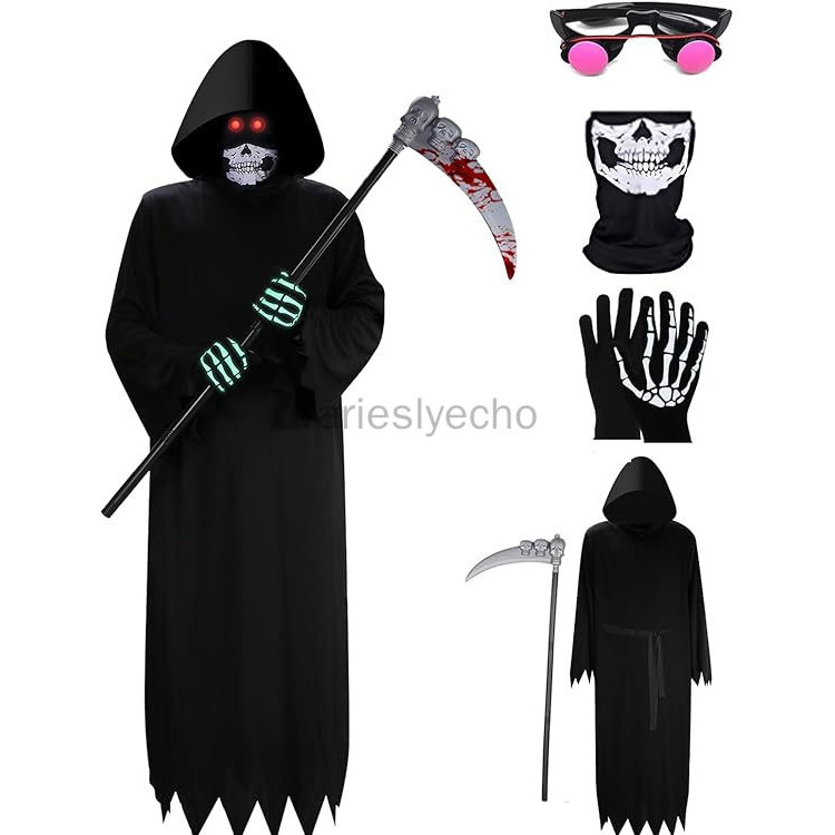 5 PCS Halloween Grim Reaper Costume Set, Black Velvet Hooded Cape, Skull Face Mask, Hand Gloves, Luminous Glass Grim Reaper Scythe Death Scythe Staff, Cosplay Costume Props