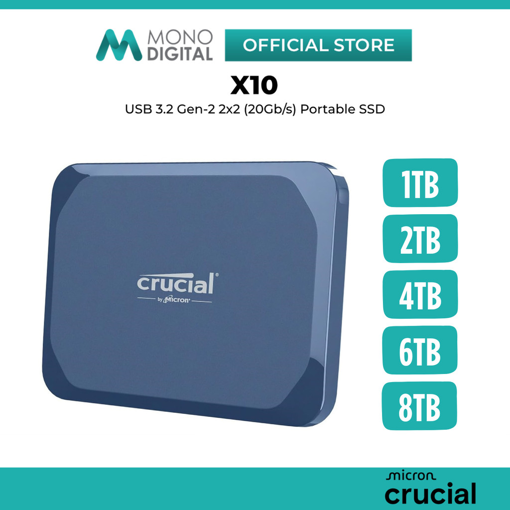 CRUCIAL EXT SSD X10 USB3.2 GEN-2 2x2 (20GB/S) PORTABLE EXTERNAL SOLID STATE DRIVE (X10SSD9) - 1TB 2T