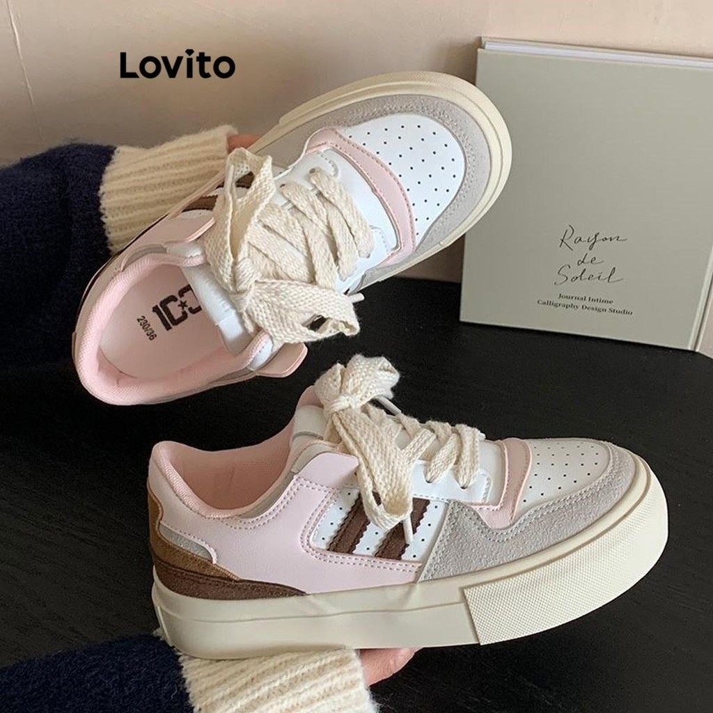 Lovito Sneaker Polos Kasual Sepatu olahraga dengan sol tebal bernapas untuk wanita LFA43685