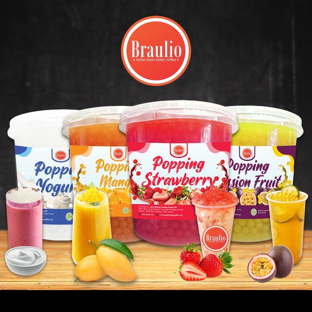 Braulio Popping Coating Boba Pearl Ball Mango Strawberry Yogurt Passion Fruit 640g/1kg/3.2kg (Halal) 爆珠