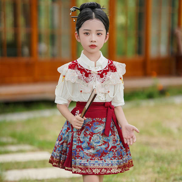 马面裙 skirt Hanfu Girl Menenun Skirt Muka Kuda Emas Set 2024 Skirt Pendek Ibu Bapa-Anak Baharu Kanak-kanak Kostum Tang Gaya Purba Cina Baharu Musim Panas