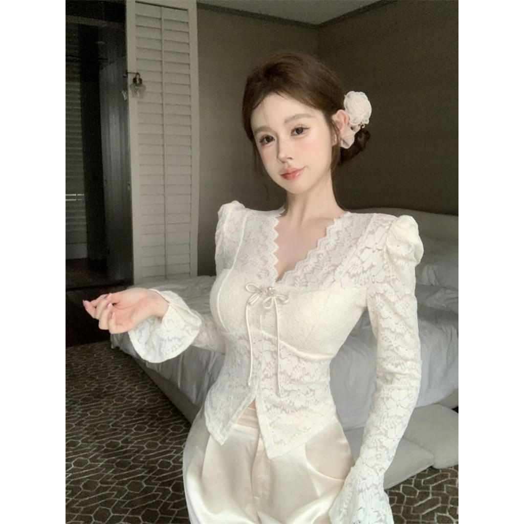 French Celebrity Classy v-Neck Lace Shirt Women's Pure Desire Sexy Slim-fit Narrow-Waisted New Chinese Style Buttoned Top