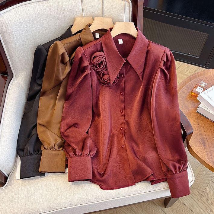 SARICHIC Flower Design POLO Long Sleeve Satin Cardigan French Elegant Puff Sleeve Shirt Women -99101