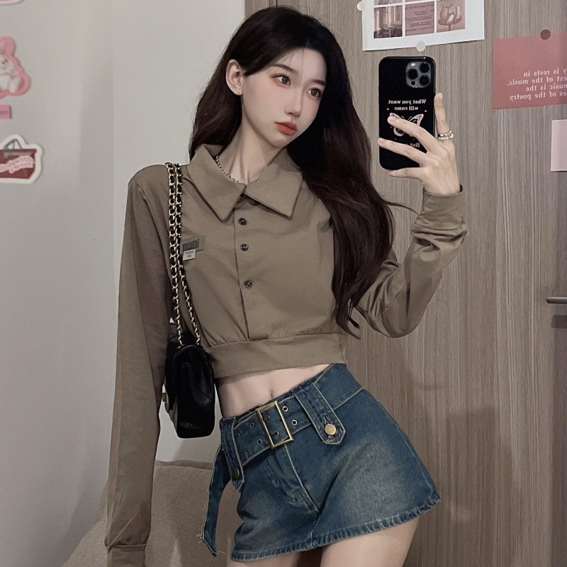 Spot Goods#Spring Clothing Hong Kong Style Short Waist-Controlled Long Sleeves Sweater Women's Korean StylepoloCollar Casual Shirt Outerwear Top8jj