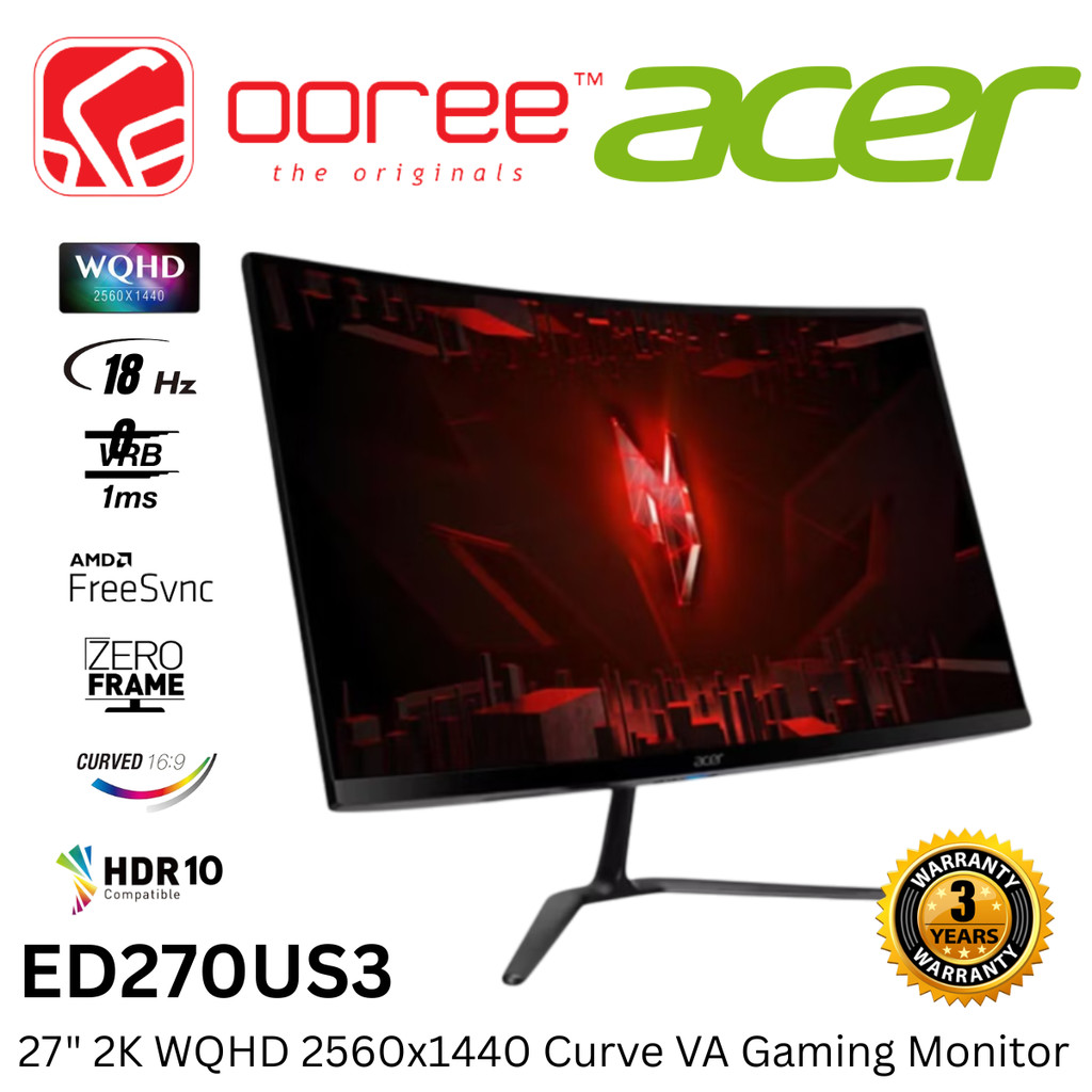 ACER 27" NITRO ED270US3 / ED270U S3 WQHD 2K (2560x1440P@180HZ) LED CURVE VA GAMING MONITOR (1MS VRB,