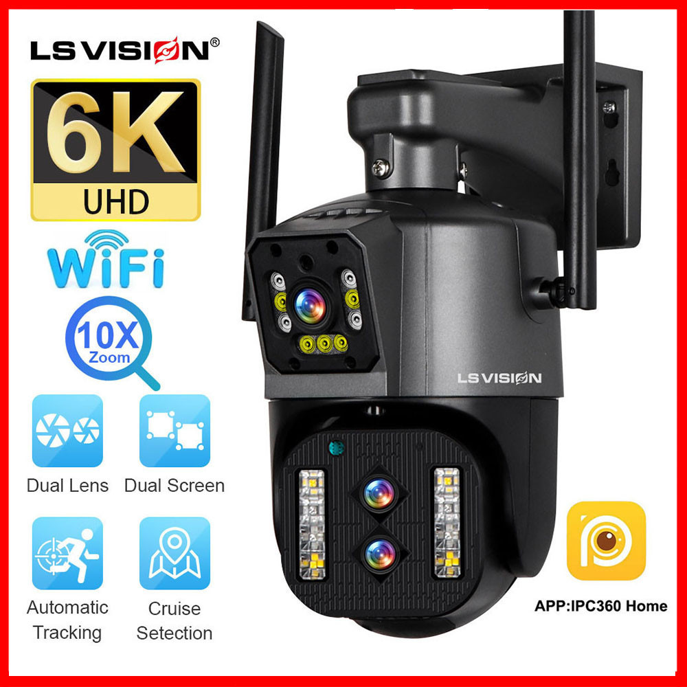 LS VISION 6K 12MP Three Lens Dual Screen Camera PTZ 10X Zoom IP WiFi Outdoor Security Camera Human Detection Automatic Tracking Full Color Night Vision CCTV Cameras