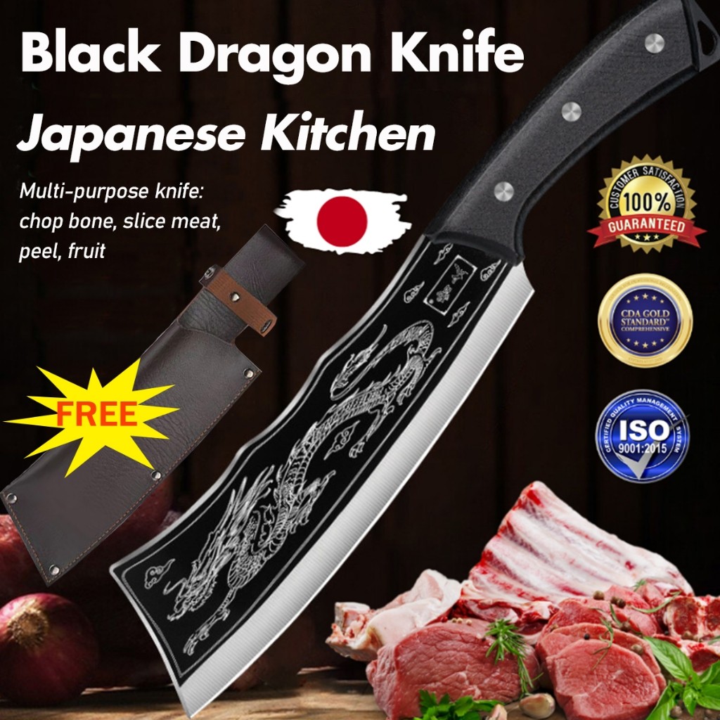 Japanese Knife Dragon Machete Hand-Forged Pisau Dapur Black Dragon Knife Bone-Chopping Knife Chef Knife