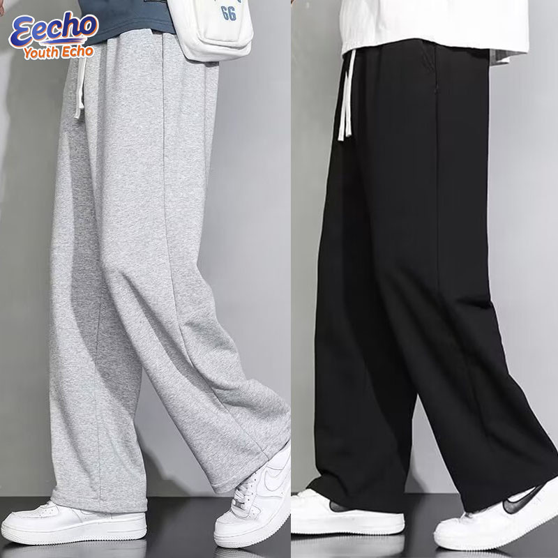 M-5XL Men's Ice Silk Loose Casual Wide Leg Sweatpants baggy seluar slack lelaki sukan tracksuit man straight cut Joggers Plus Size Black\Grey