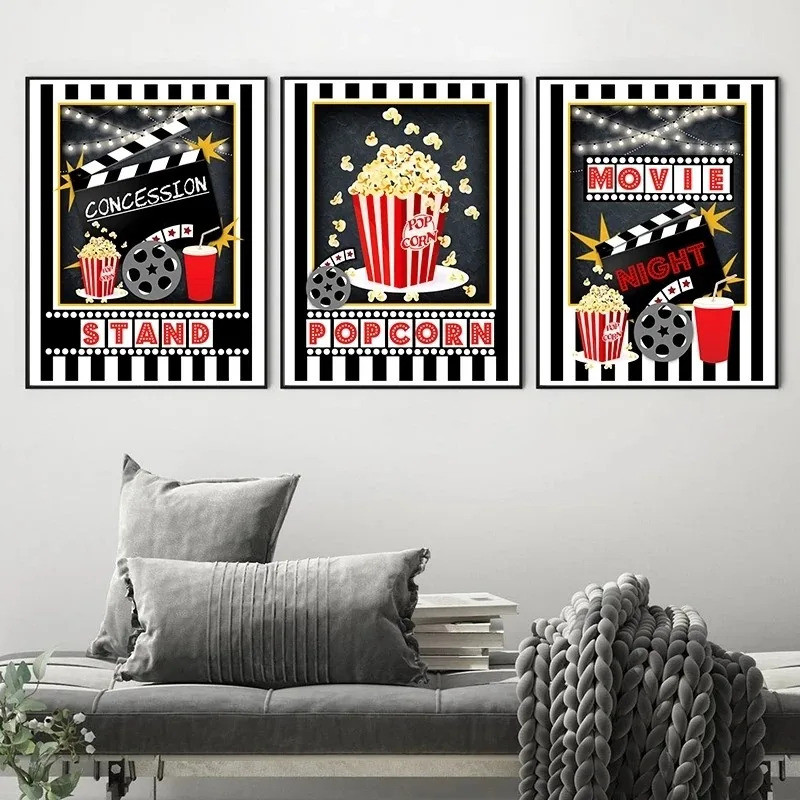 Movie Night Party Logo Posters Theater Wall Art Pictures Popcorn Film Sign Canvas Painting Cinema Art Prints Modern Home Decor