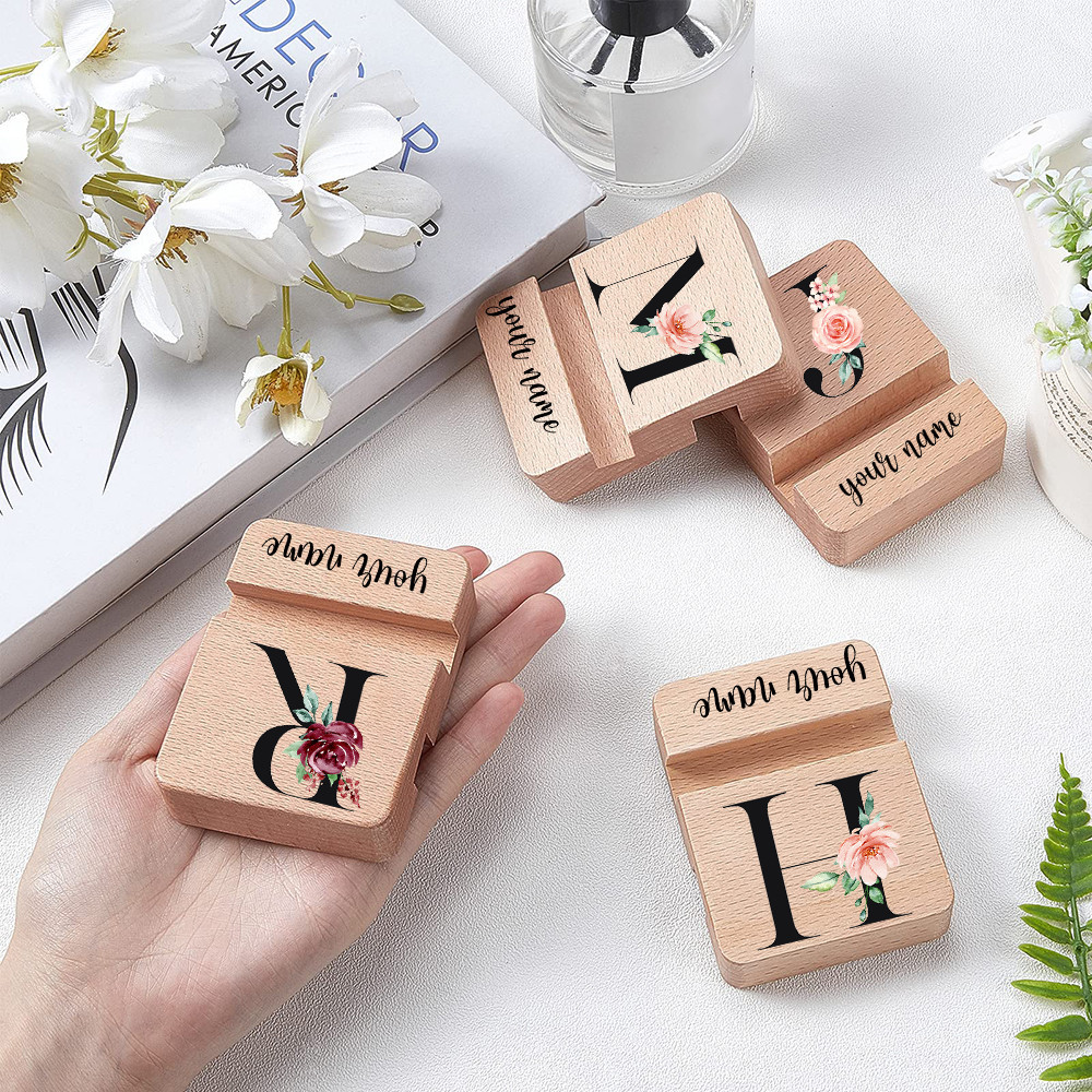 Personalized Floral Alphabet Printing Custom Name Wooden Phone Stand Gadget Holder Beautifully Customized Birthday Gift