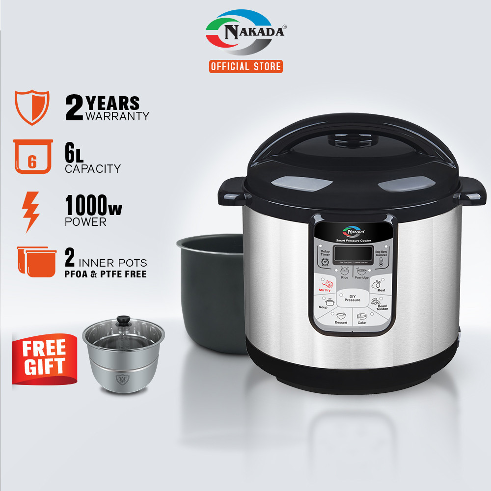 Nakada 6 Litre Dual Pots Smart Pressure Cooker NKD6050 (1 NON STICK POT +  FREE 1 STAINLESS STEEL POT)