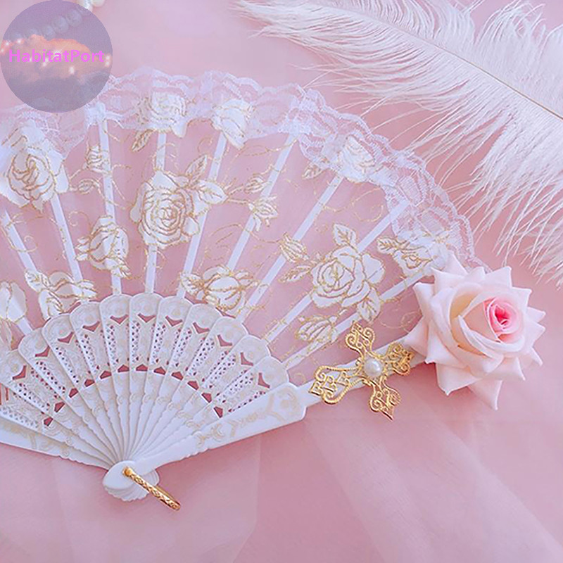 HabitatPort Gorgeous Retro Grace European Style Lace Fan Dance Fan Wedding Party Decorations Dark Gothic Court Lolita Lace Rose Folding Fans Lolita Fan Feather Rose Folding Fan Eu