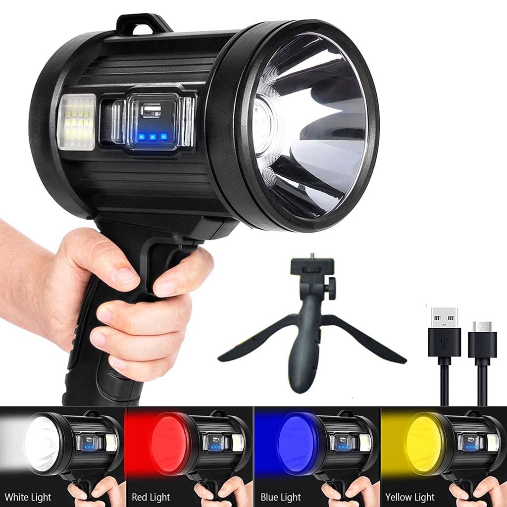 LED Solar Rechargeable Flashlight Search Light 200000 Lumens Portable Handheld Hunting Searchlight Spot Light with Cob Light and Solar Panels Lightweight Super Bright Torchlight Spotlight for Outdoor 