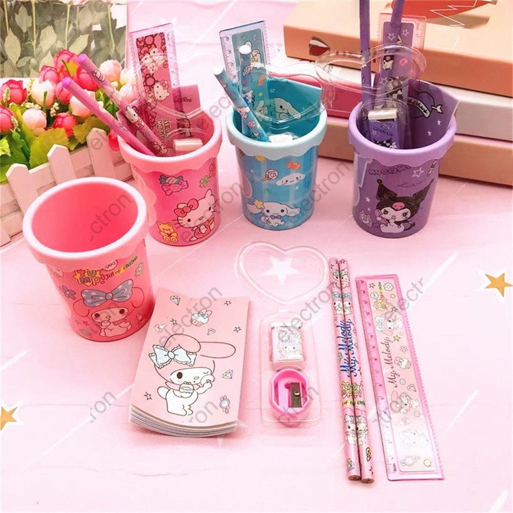 7pcs Sanrio Stationery Suit,pen Holder Pencil Ruler Earser Sharpener Pencil Case Stationery Set,portable Stationery Set Gift Box,kids School Office Writing Supplies Election