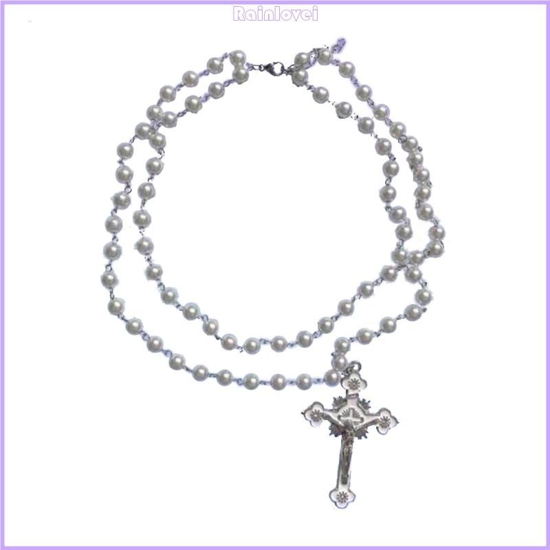 RAINL Rosary Cross-shape Temperament Necklace Trend Light Luxury Women Sweater Chain