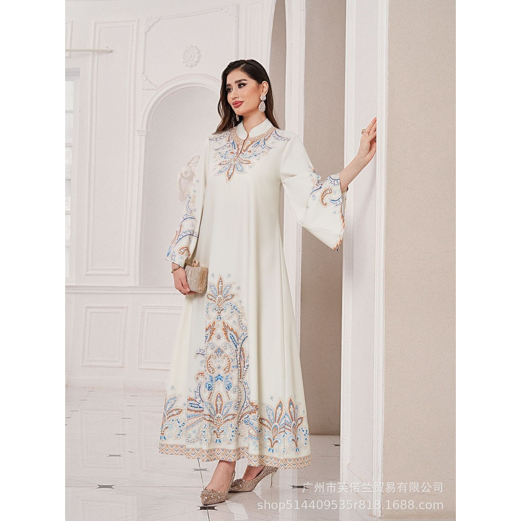 Dubai Middle East Women's Clothing Muslim Long Dress MuslimDigital Positioning Printing Foam Bead Hot Drilling Robe Skirt Formal Banquet Dress Embroidered Religious Clothing Dress European and american plus size women's clothes