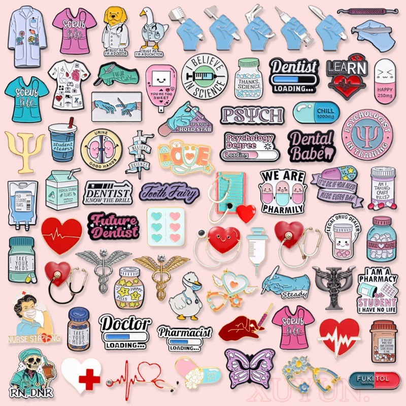 100 Styles Medical Lapel Brooch Stethoscope EKG Enamel Pin Doctor Nurse Cartoon Design Backpack Badge Accessories Jewelry Gift