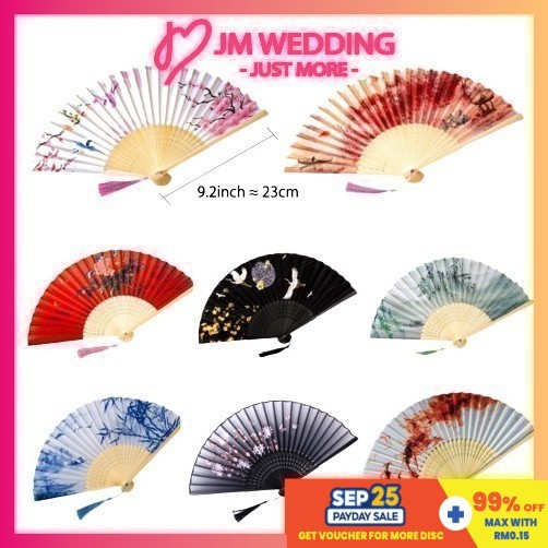 23cm Elegant Long Bamboo Hand Fan Kipas Tangan Lipat Buluh Corak-Garden Favor/Event Gift/Doorgifts