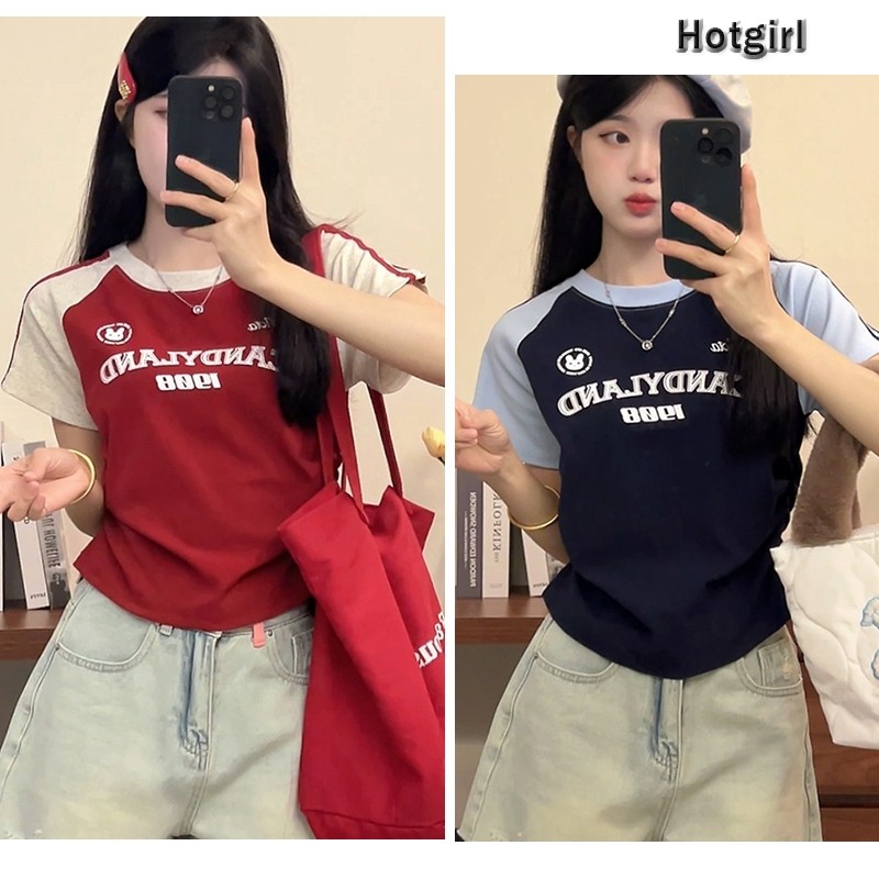 【READY STOCK AT Johor】 Hotgirl⭐Contrast Color T-shirt Women's Letter Print Short Sleeve Cropped Top