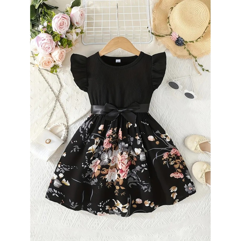 ​​Malaysia Stock Fast Ship ​​Girl Floral Short Sleeve Dress with Belt Black Baju Budak Perempuan Bunga Lengan Pendek Tali Pinggang Hitam for 2-7 Years Baju Raya Birthday Party​​
