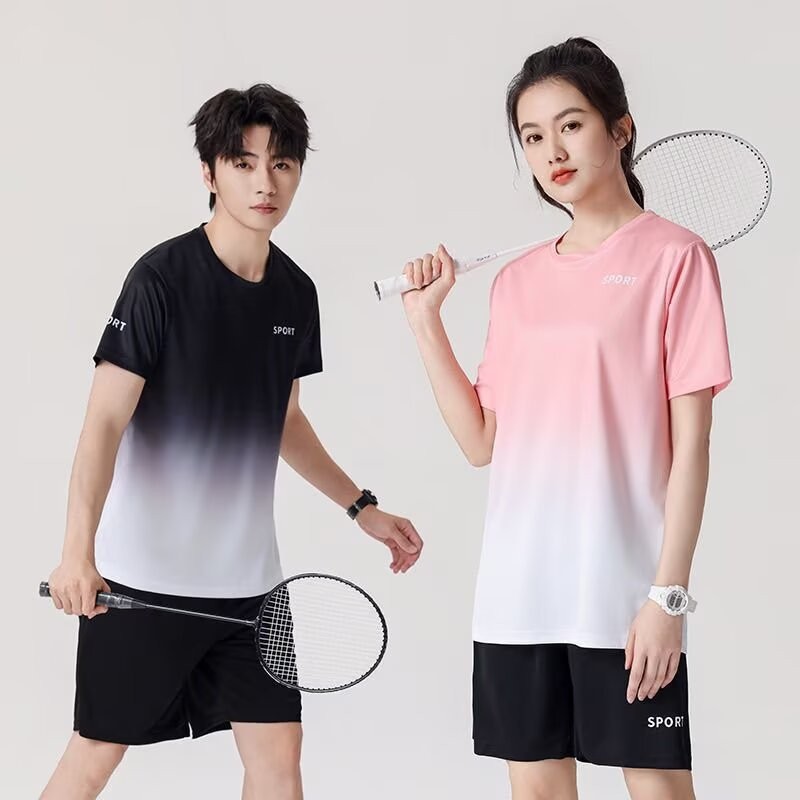 [M-5XL] 2025 Unisex Quick Dry Sports Set Ice Silk Dri-Fit Gradient Printed T-Shirt & Shorts Running/Badminton/Gym All-Match Outfit Plus Size
