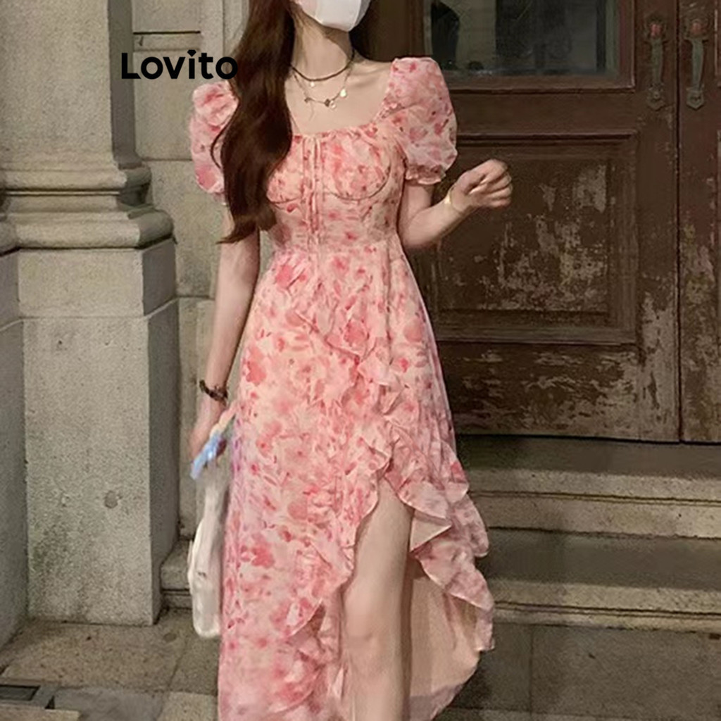 Lovito Boho Ditsy Floral Ruffle Square Neck Puff Sleeve Dress for Women LNE17146 (Multi-color) Lovito Gaun Lengan Gembung Leher Kotak Kerut Bunga Ditsy Boho untuk Wanita