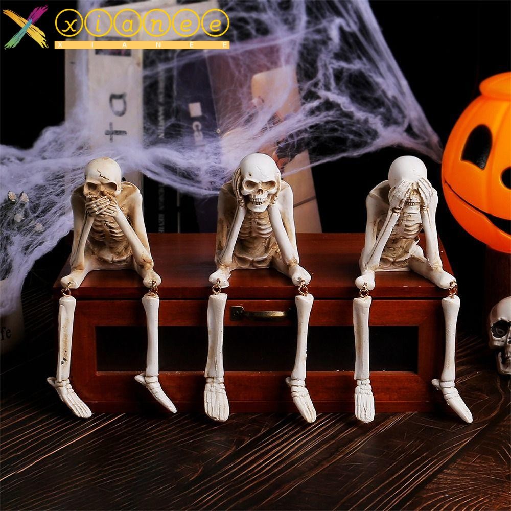 XIANEE Hanging Leg Skeleton, Resin Don't Look Don't Listen Don't Say Halloween Human Skeleton, Creative Party Supplies White Haunted House Decoration Bone Model Halloween