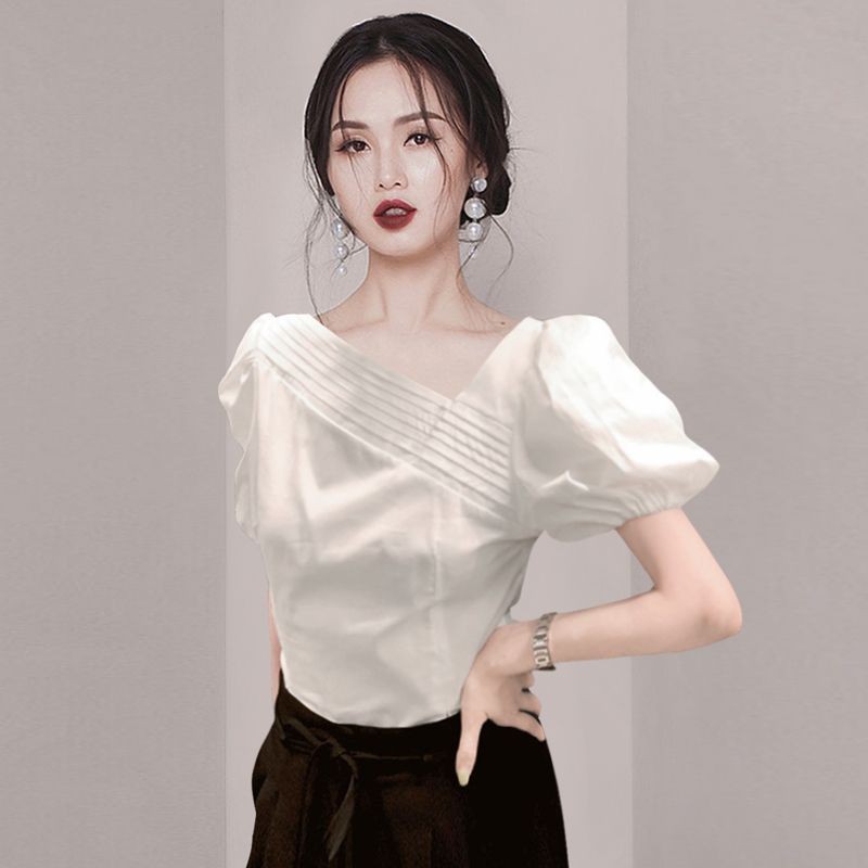 Small French Narrow-Waist Puff Sleeve Shirt Year Summer New Style Women's Clothing Design Niche All-Match Top