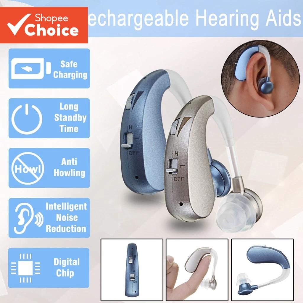 Hearing Aid Auxiliary Headphones Rechargeable Crystal Clarity Sound Amplifier Noise Cancelling Gift For Seniors Hanging Ear Style Blue Golden Premium Finish Universal Fit