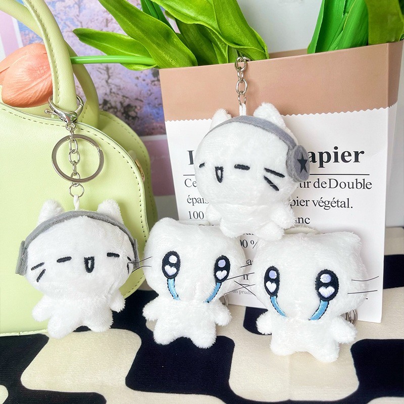 Cute Headphones Kitten Couple Keychain for Kawaii Small Cat Keychain for Bag Pendant Mini Crying Cat Doll Plush Keyrings