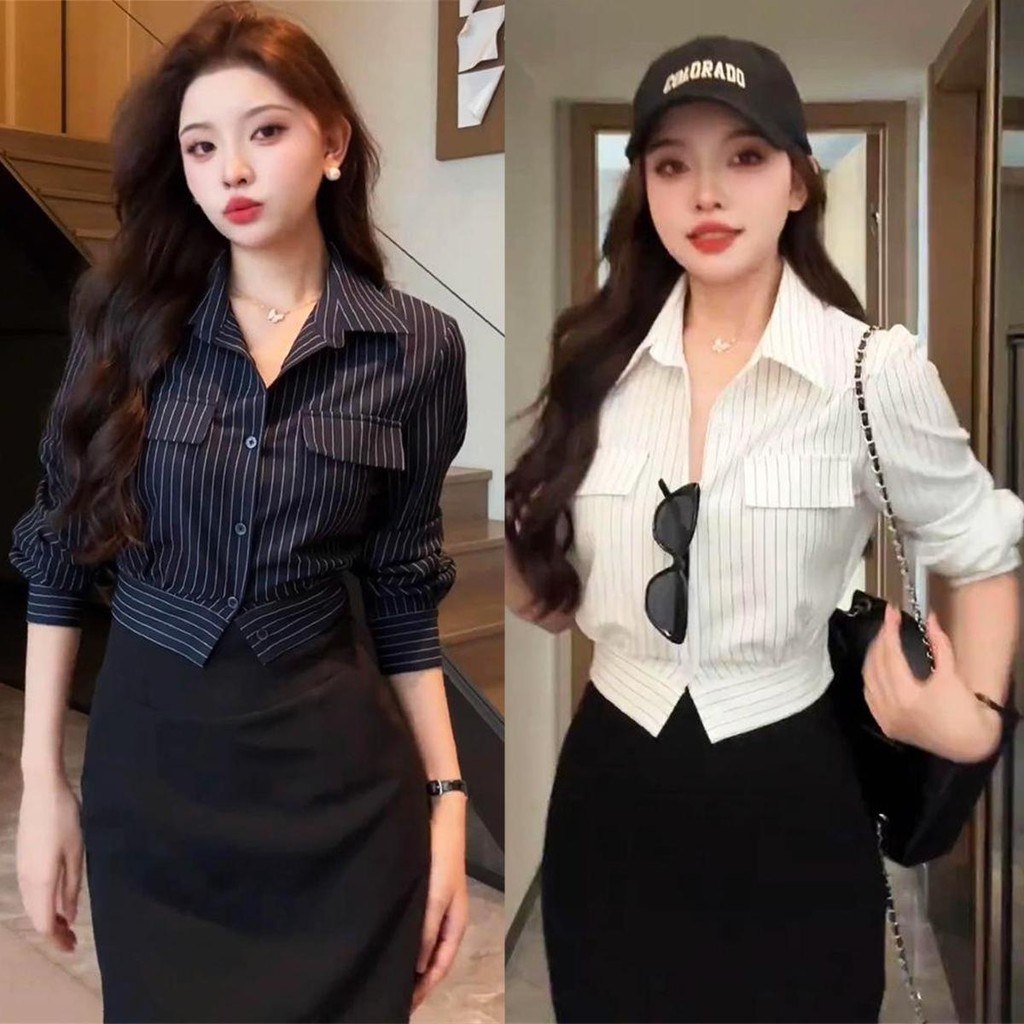 SARICHIC Polo collar striped single-breasted long-sleeved shirt, elegant French style Slim fit top -w629