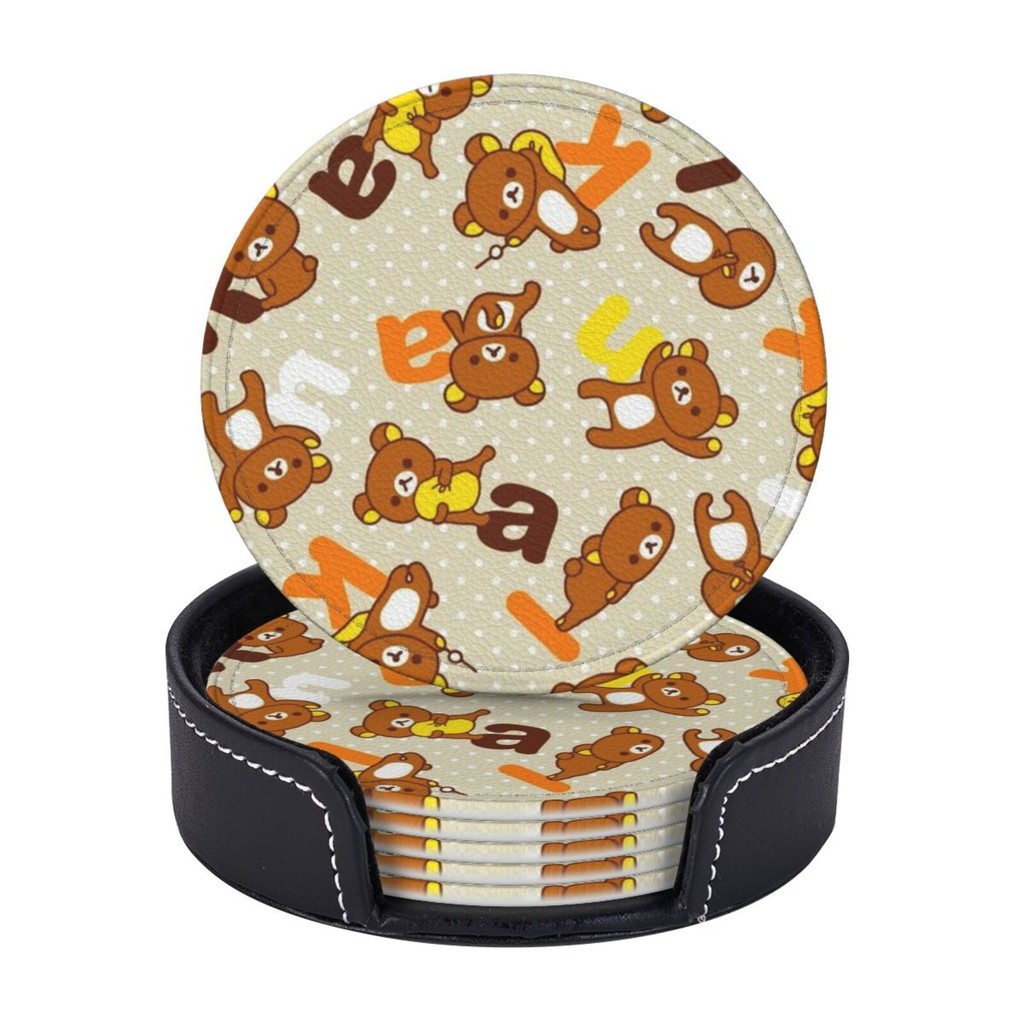 Rilakkuma Round Coasters Set of 6 Portable PU Leather Waterproof Funny Coaster for Drinks